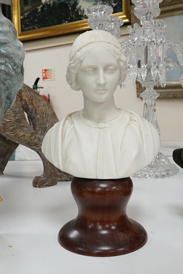 A Parian ware bust of a Renaissance lady, a similar full length study of a classical maiden and a decorative composition bust, largest 40cm high. Condition - good